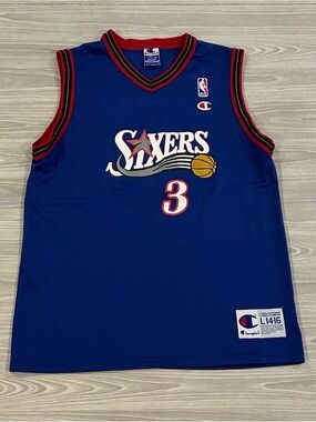 Vintage 90s Champion 76ers Allen Iverson #3 Jersey Blue Youth Size Large 14-16